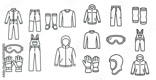 Collection of winter clothing and gear. The clothing includes a jacket, pants, gloves, and goggles. Scene is that of a winter scene, with the clothing and gear being appropriate for cold weather