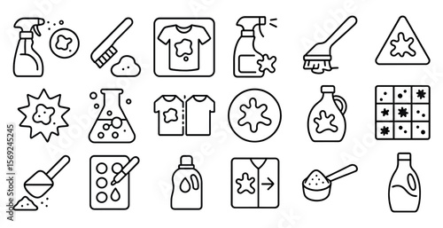 Set of icons for cleaning supplies, including a bottle of detergent, a brush, and a spray bottle