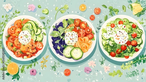 Digital illustration of three salads with tomatoes, cucumbers, herbs, and feta cheese on a light blue background.