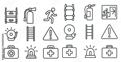 Series of icons for emergency services and safety equipment. The icons include a fire extinguisher, a fire hydrant, a ladder, a first aid kit, a fire alarm, and a police car