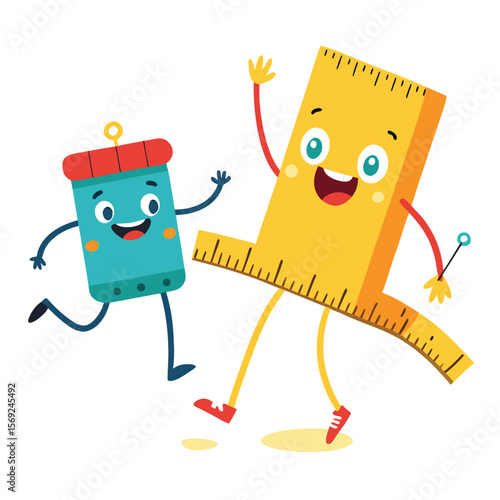 A playful ruler happily jumping rope with its measuring tape friends, a fun and unique take on office supplies.