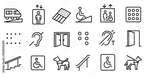 Series of icons that represent various accessibility features. The icons include a ramp, a dog, a person in a wheelchair, and a hand. Scene is one of accessibility and inclusivity