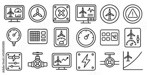 Set of icons for various airplane gauges and instruments. The icons are all in black and white and are arranged in a grid