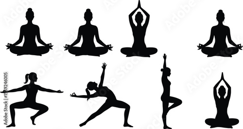 Yoga poses cad drawing flat vector illustration, women silhouette performing fitness movements, meditation exercise collection, front layout for wellness design
