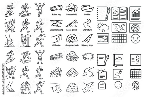 Collection of icons for various activities and objects, including running, hiking, and writing. The icons are all in black and white and are arranged in a grid