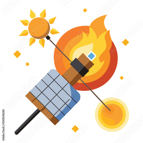 A whimsical satellite comically toasting marshmallows on the sun, a humorous and imaginative take on space.