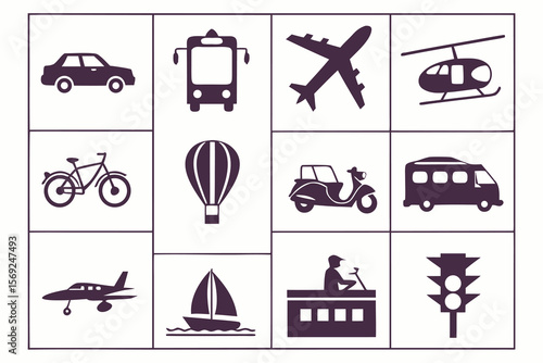 Collection of diverse transportation icons including vehicles and travel symbols