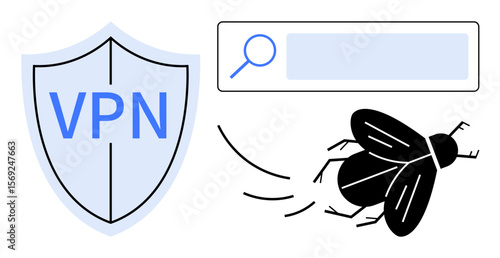 VPN shield beside a search magnifying glass and bug indicating a virus threat or cybersecurity issue. Ideal for data protection, privacy, cybersecurity, antivirus, online safety, hacking prevention