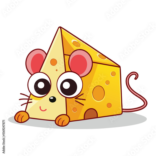 A playful slice of cheese engaged in a game of hide-and-seek with a tiny mouse, a charming and humorous illustration.