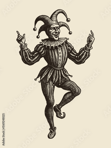 Dancing jester vintage engraving style vector illustration