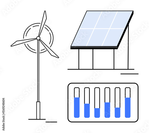 Wind turbine and solar panel showcasing clean energy generation, with a chart tracking energy levels. Ideal for sustainability, renewable energy, environment, clean tech, green economy, data