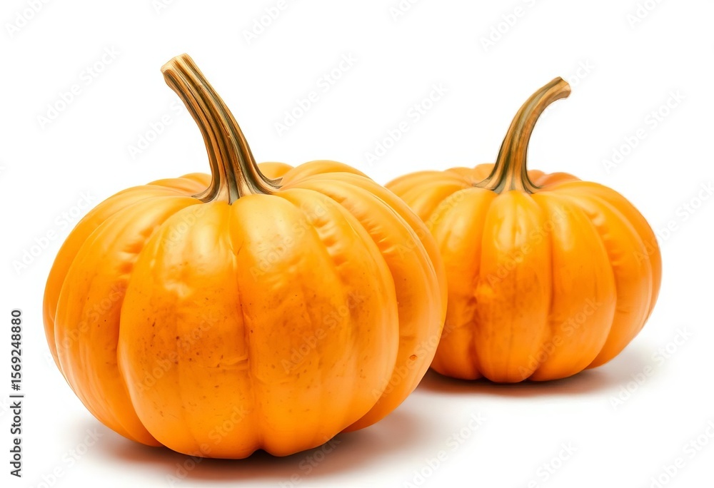 Fototapeta premium Two plump pumpkins sit side-by-side on a clean white background, decoration, autumn