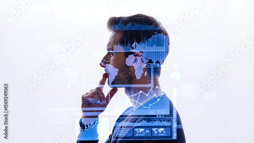 Man with world map and financial charts superimposed on his head