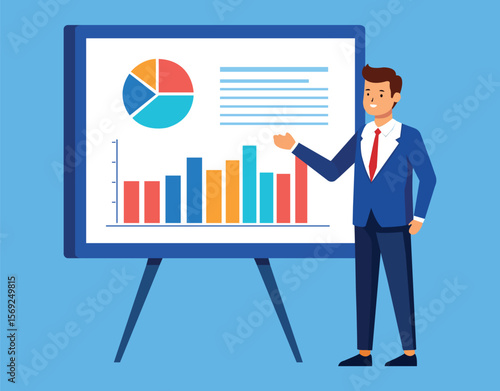 Man in suit presenting a colorful pie chart and bar graph on a large display board.