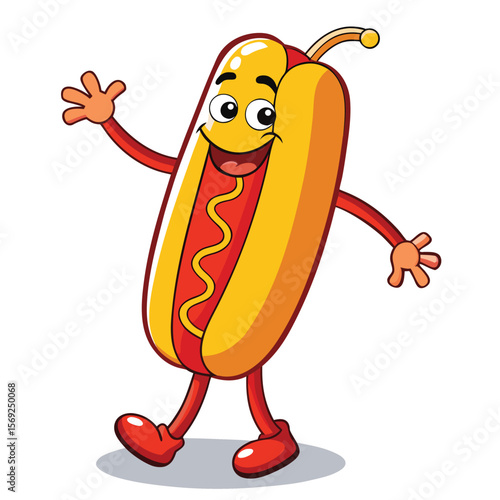 A lively smiling hotdog dancing with splashes of mustard and ketchup, a fun and appetizing portrayal of fast food.