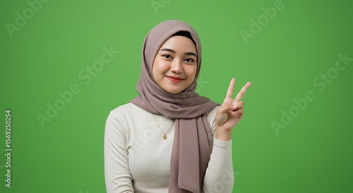 Young woman wearing a hijab and a white shirt smiling and making a peace sign