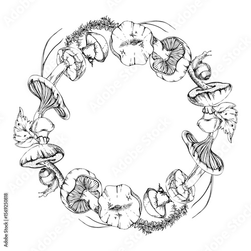 Bolete cep russula suillus mushroom with leaves twigs pine needles. vector ink hand drawn fungi wreath frame. Autumn forest harvest, vegan cooking edible raw ingredient. Label tag menu recipe cards