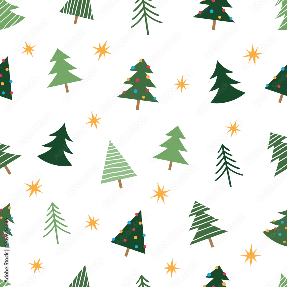 Fototapeta premium Seamless Stars And Different Christmas Tree Pattern Design White Background