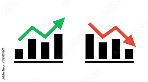 Graph growth with arrow up and reduction with arrow down, line chart icon. Financial invest, fall, increase and decrease. Statistics and analytics. Vector flat illustration