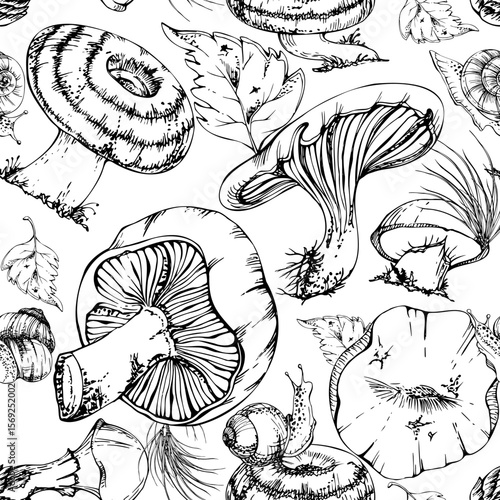 Bolete cep russula suillus mushroom fungi with autumn leaves pine needles snails, forest harvest. Seamless pattern hand drawn in vector ink. Scrapbooking decoupage origami, farmers market wrapping