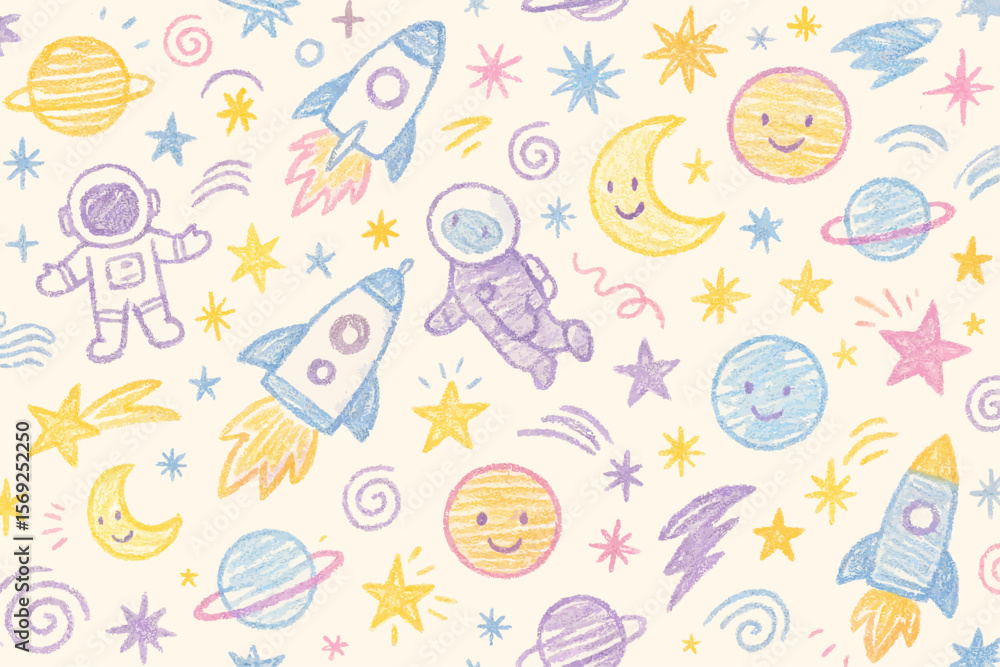 Pastel colored space-themed doodle pattern with astronauts, rockets, planets, and stars. Pastel colored space-themed doodle pattern with astronauts, rockets, planets, and stars.