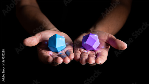 Wallpaper Mural Two Hands Gently Hold Light Blue and Purple Geometric Shapes Resembling Crystals or Gems Against a Black Background Soft Glowing Light Effects Torontodigital.ca