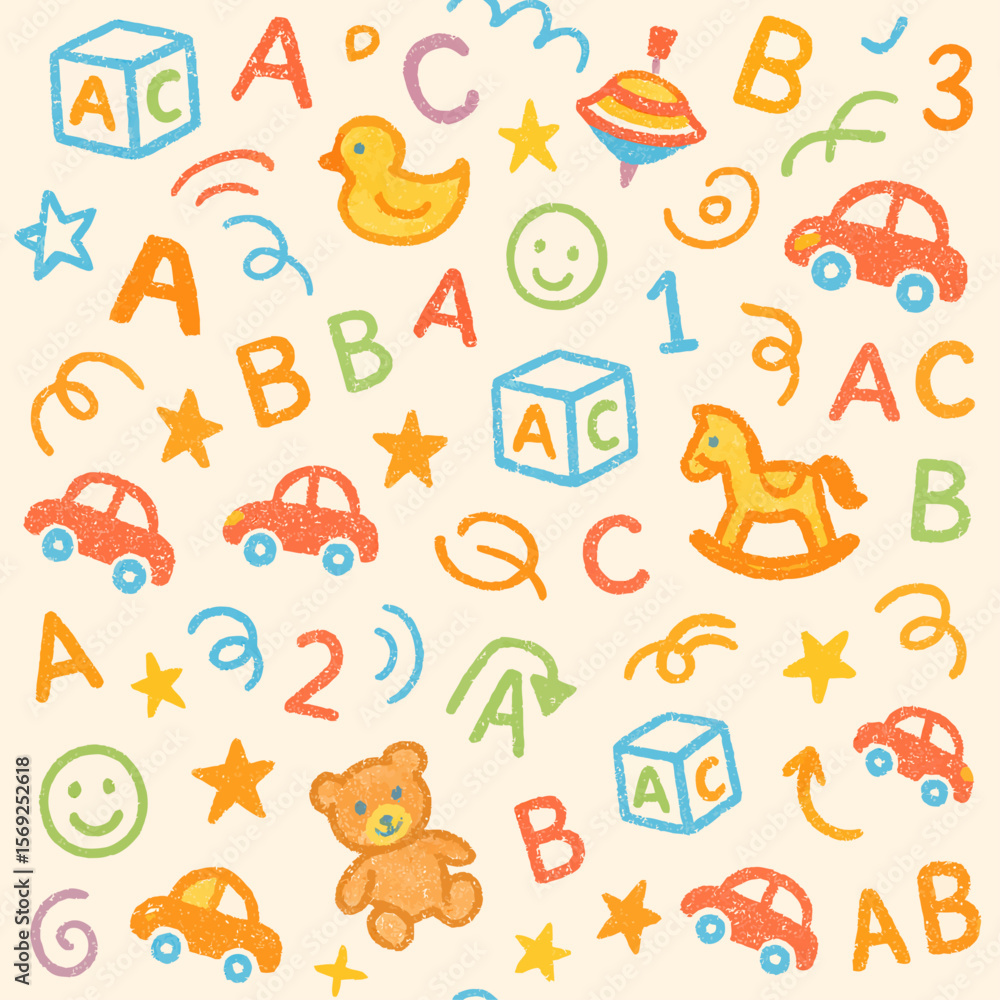 Playful children's pattern featuring toys, letters, and numbers. Playful children's pattern featuring toys, letters, and numbers.