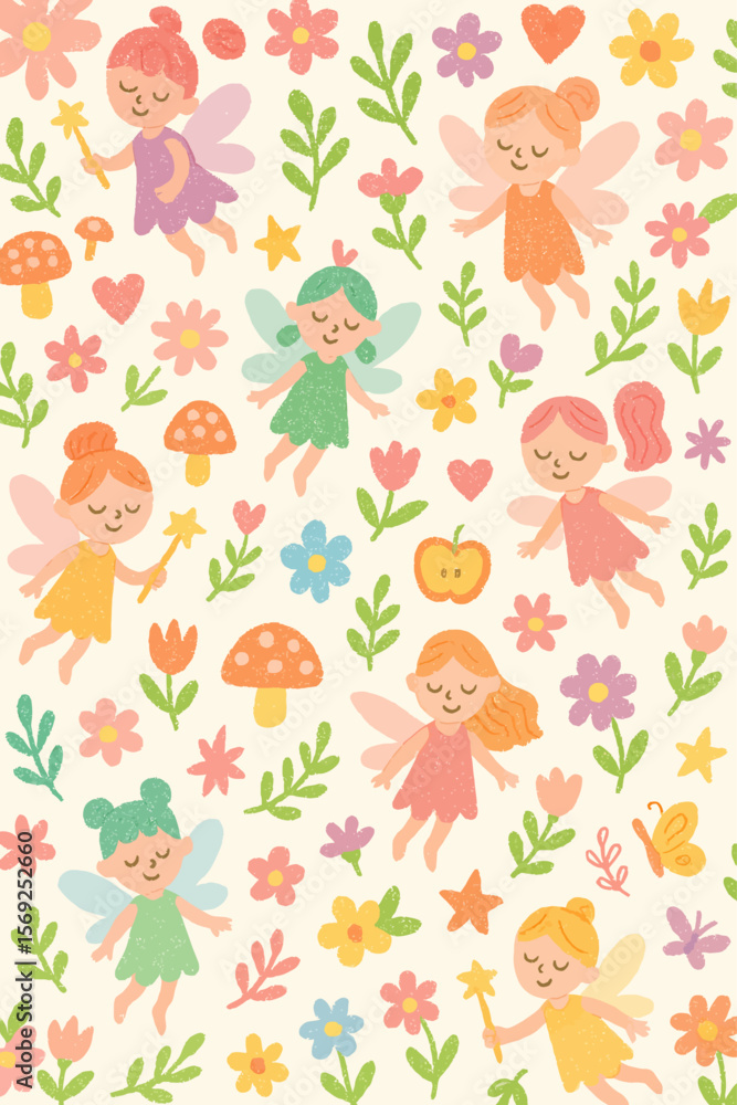 Fototapeta premium Whimsical illustration of several smiling fairies flying amongst flowers and foliage.