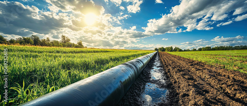 Innovative irrigation system nurtures farmland under a vibrant blue sky with billowy clouds