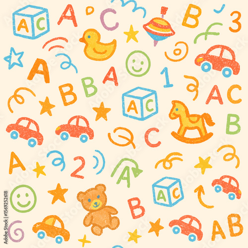 Playful children's pattern featuring toys, letters, and numbers.