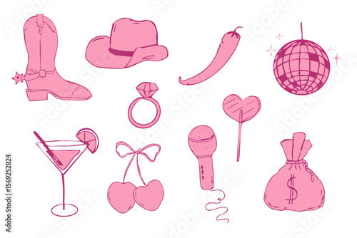 Wild west coquette y2k bachelorette cowgirl party collection, western pink rodeo doodle with retro disco elements. Hat, heart and boots.