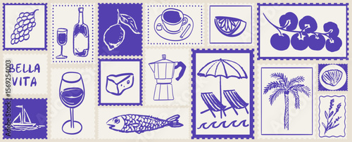 Italian Amalfi Sicily brunch vector illustration patterns. Italian style vacation hand drawn post stamps in doodle sketch style. Summer Italy holidays elements for poster, placard or postcard prints.