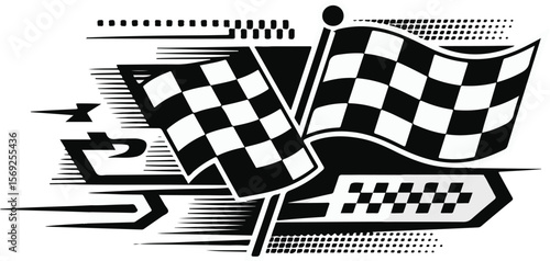 Vector art of two racing checkered flags with motion