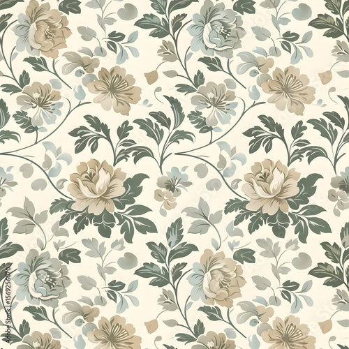 Wallpaper Mural Vintage floral pattern with intricate beige and green detailed flowers and leafy vines on a cream background perfect for wallpaper textiles and design projects Torontodigital.ca