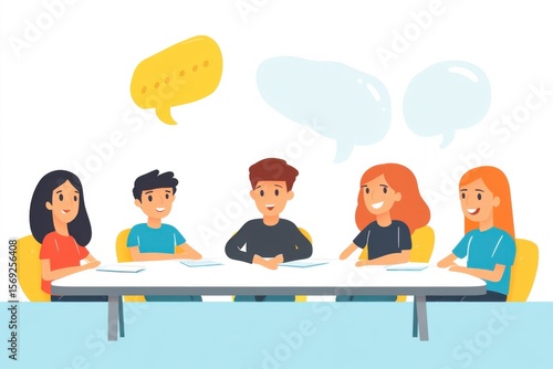 Team brainstorming session office illustration collaborative space front view communication dynamics