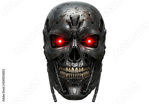 Isolated Cybernetic Skull with Glowing Red Eyes