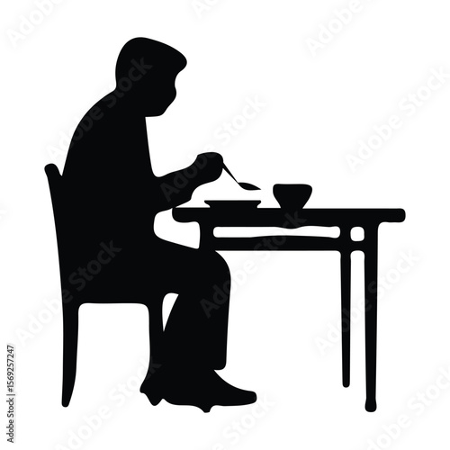  Person Eating at Table Silhouette - Dining Mealtime Graphic