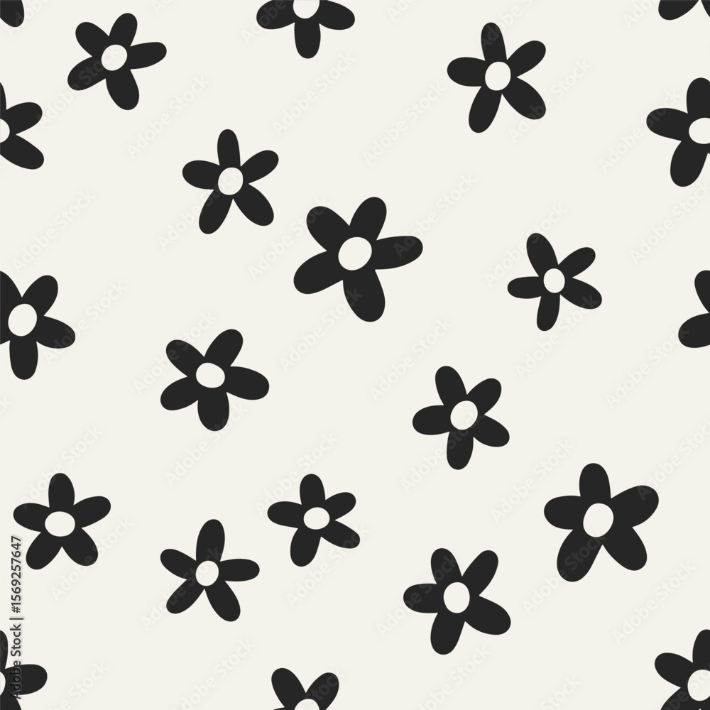Fototapeta premium Floral print, seamless pattern. Daisy flowers, endless background design. Abstract black and white meadow, repeating printable texture for textile, fabric and wrapping. Flat vector illustration
