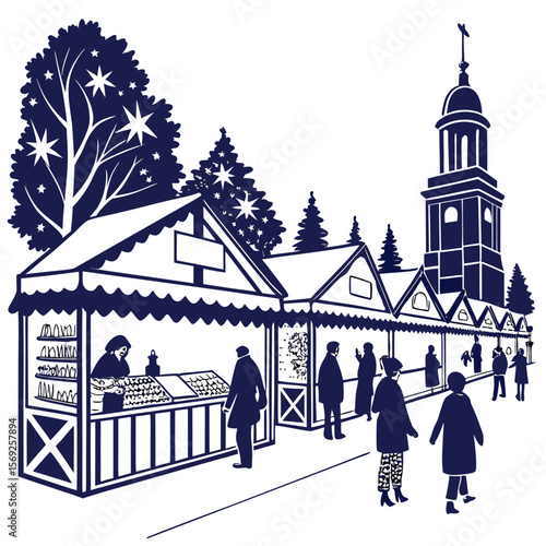 Christmas market scene with festive stalls and silhouetted people