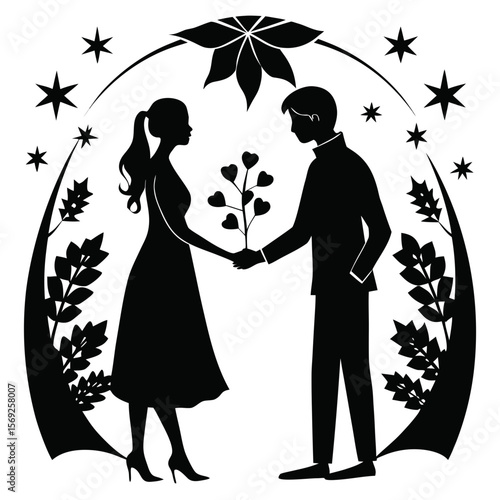 Couple silhouette sharing a heart shaped plant under stars