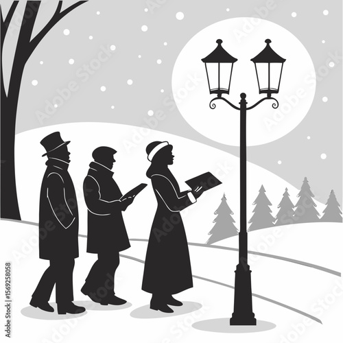 Carolers silhouetted singing carols in a wintery snow scene