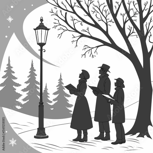 Winter carolers singing under a lamp post silhouette illustration