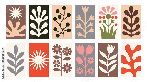 Botanical Panel Set – 12 Geometric Designs in Scandinavian Style with Retro Colors – Perfect for Wall Art, Prints, Home Decor, and Illustration