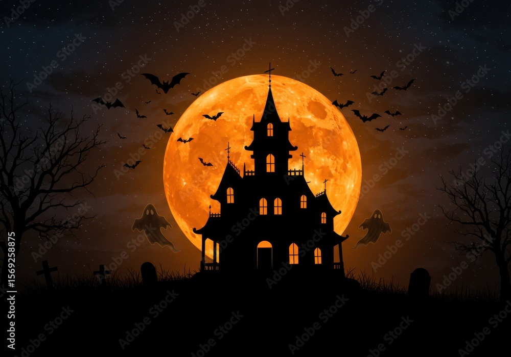 Spooky haunted mansion silhouetted against a giant orange halloween moon Spooky haunted mansion silhouetted against a giant orange halloween moon