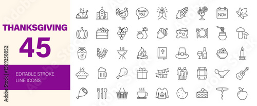 Thanksgiving icon set. Containing holiday, autumn, fall, turkey, corn, pilgrim, pumpkin, harvest, Traditional American dinner and more. Editable line icons. Vector illustration.