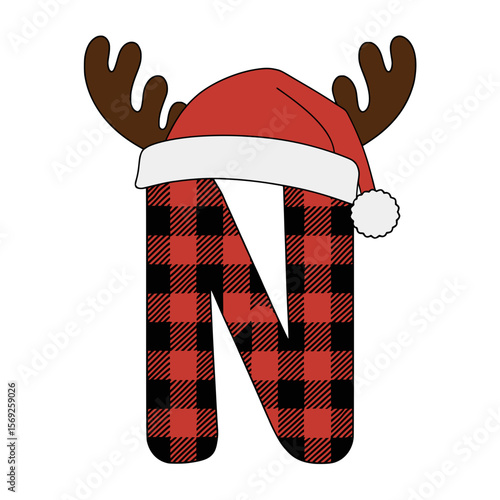 Christmas letter N with plaid, antlers, and Santa hat, Festive uppercase letter N decorated with a red plaid pattern, Santa hat, and cartoon antlers, perfect for holiday crafts and Christmas-themed 
