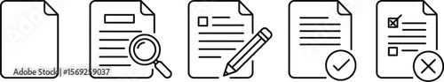 Minimalist Document Icon Set with Search, Edit, Tick, and Cross Symbols, Flat Vector Illustration for UI and Digital Use