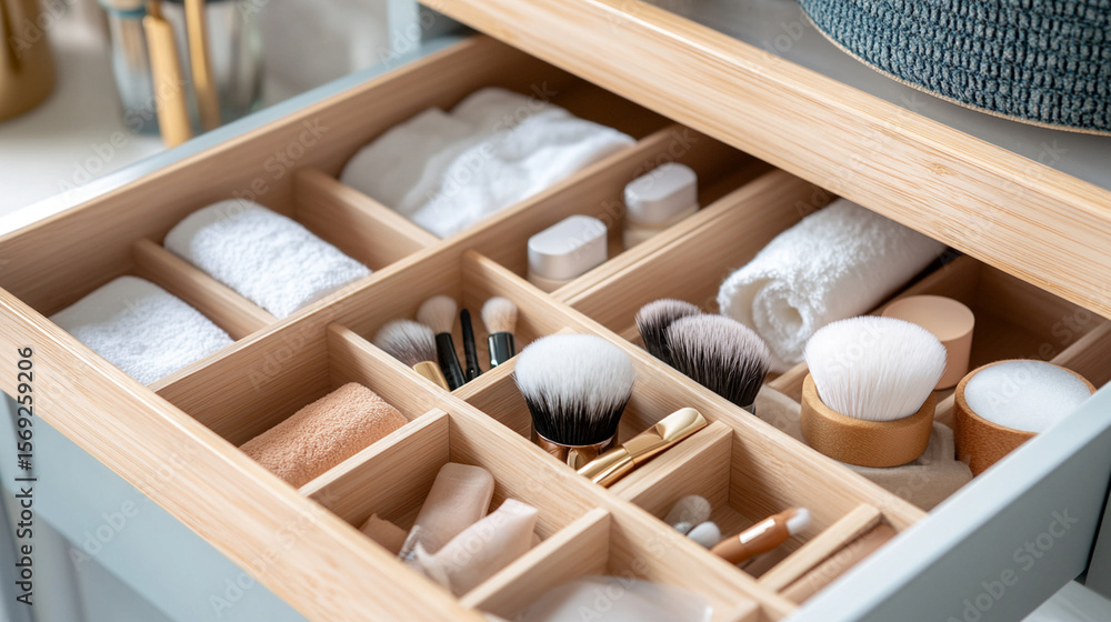 Obraz premium close-up of bathroom drawer with beauty accessories, brushes, cotton pads, organized layout