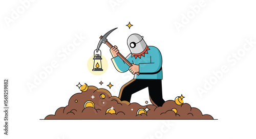 Prospector digging for gold with pickaxe and lantern under starry sky