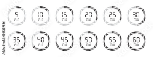 Timer 5, 10, 15, 20, 25, 30, 35, 40, 45, 50, 55, 60 min. Stopwatch isolated set icons. Countdown timer symbol icon set. vector illustration.